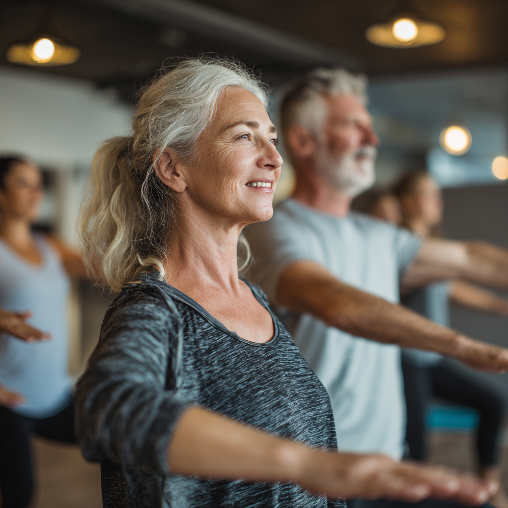Middle-aged adults exercising in a calm, supportive environment focusing on mobility and stability
